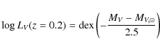 \begin{displaymath}\log{L_V}(z = 0.2) = {\rm dex}\left ( -\frac{M_V - M_{V,\odot}}{2.5} \right )
\end{displaymath}