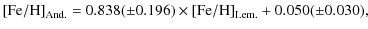 $\displaystyle {\rm [Fe/H]}_{\rm And.} = 0.838 (\pm 0.196) \times {\rm [Fe/H]}_{\rm Lem.} +
0.050 (\pm 0.030),$