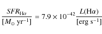 \begin{displaymath}\frac{{{\it SFR}}_{{\rm H}\alpha}}{[{M_\odot}\textup{ yr}^{-1...
...imes 10^{-42} \frac{{L}({\rm H}\alpha)}{[\textup{erg s}^{-1}]}
\end{displaymath}