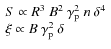 $\begin{array}{l}
S\propto R^3~B^2~\gamma_{\rm p}^2~ n~ \delta^4 \\
\xi\propto B~\gamma_{\rm p}^2~\delta
\end{array}$