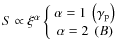 $S\propto\xi^\alpha\left\{{\begin{array}{c}
\alpha=1 ~\left({\gamma_{\rm p}}\right) \\
\alpha=2 ~\left({B}\right)
\end{array}}\right.$