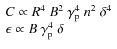 $\begin{array}{l}
C\propto R^4~B^2~\gamma_{\rm p}^4~ n^2~ \delta^4 \\
\epsilon\propto B~\gamma_{\rm p}^4~\delta
\end{array}$
