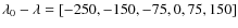 $\lambda_0 -\lambda = [-250,-150,-75,0,75,150]$