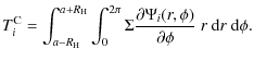 $\displaystyle T_i^{\rm C}=\int_{a-R_{\rm H}}^{a+R_{\rm H}}\int_0^{2\pi} \Sigma
\frac{\partial\Psi_i(r,\phi)}{\partial\phi} ~ r ~ {\rm d}r ~ {\rm d}\phi.$