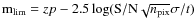 \({\rm m_{lim}} = zp -2.5 \log ({\rm S/N}
\sqrt{{n_{\rm pix}}} \sigma/t ) \)