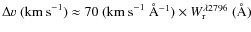 \( \Delta v~({\rm km~s}^{-1}) \approx
70~({\rm km~s}^{-1}~{\rm {\AA}}^{-1}) \times
W_{{\rm r}}^{\lambda2796}~({\rm {\AA}})\)