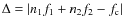 $\Delta=\vert n_1f_1 + n_2f_2 - f_{\rm c}\vert$