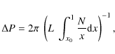 \begin{displaymath}\Delta P=2\pi~\left(L~\int_{x_0}^{1}{\frac{N}{x} {\rm d}x}\right)^{-1},
\end{displaymath}