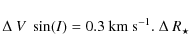 \begin{displaymath}{\Delta~V~\sin(I) } = 0.3~{\rm km~s}^{-1}.~\Delta~R_{\star}
\end{displaymath}