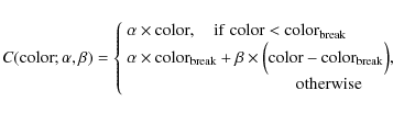 \begin{eqnarray*}{C}({\rm color}; \alpha, \beta) =
\left \{ \begin{array}{l}
\a...
... \ \ \ \ \ \ \ \ \ \ \ {{\rm otherwise}} \\
\end{array}\right.
\end{eqnarray*}