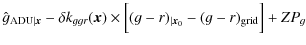 $\displaystyle \hat{g}_{{\rm ADU}\vert{\vec x}} - \delta k_{ggr}({\vec x}) \times \Bigl[ (g-r)_{\vert{\vec x}_0} - (g-r)_{\rm grid} \Bigr] + ZP_g$