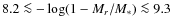 $8.2 \la{-}\log (1-M_r/M_*)
\la 9.3$