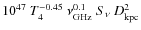 $10^{47}~ T_4^{-0.45}~\nu_{\rm GHz}^{0.1}~ S_{\nu}~ D_{\rm kpc}^2$