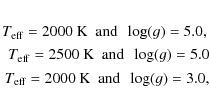 \begin{eqnarray*}T_{\rm eff}=2000~{\rm K} ~~ {\rm and} ~~ \log(g)=5.0, \\
T_{\...
...=5.0 \\
T_{\rm eff}=2000~{\rm K} ~~ {\rm and} ~~ \log(g)=3.0,
\end{eqnarray*}