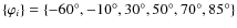 $ \{ \varphi _{i} \}= \{ -60^{\circ }, -10^{\circ }, 30^{\circ }, 50^{\circ }, 70^{\circ }, 85^{\circ } \}$