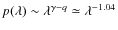 $p(\lambda)\sim \lambda^{\gamma - q}\simeq \lambda^{-1.04}$