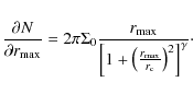 \begin{displaymath}
\frac{\partial{N}}{\partial{{r_{\max}}}}=
2\pi\Sigma_0\frac{...
...left(\frac{r_{\max}}{r_{\rm c}}\right)^2\right]^{\gamma}}\cdot
\end{displaymath}