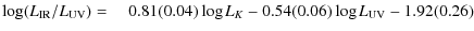 $\displaystyle \log(L_{\rm IR}/L_{\rm UV}) =
\quad 0.81(0.04)\log L_K-0.54 (0.06) \log L_{\rm UV}-1.92 (0.26)$