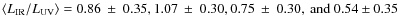 $\langle L_{\rm IR}/L_{\rm UV} \rangle=0.86~\pm~0.35, 1.07~\pm~0.30, 0.75~\pm~0.30, ~{\rm and} ~0.54\pm 0.35$
