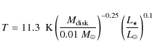 \begin{displaymath}T = 11.3~~ {\textrm K} \left(\frac{M_{\rm disk}}{0.01~ M_\odot}\right)^{-0.25}\left(\frac{L_\star}{L_\odot}\right)^{0.1}
\end{displaymath}
