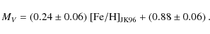 \begin{displaymath}
M_V = (0.24 \pm 0.06)~{\rm [Fe/H]}_{\rm JK96} + (0.88 \pm 0.06)~.
\end{displaymath}
