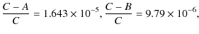 $\displaystyle \frac{C-A}{C}=1.643\times 10^{-5},\frac{C-B}{C}=9.79\times 10^{-6},$