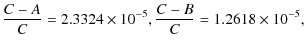 $\displaystyle \frac{C-A}{C}=2.3324\times 10^{-5},\frac{C-B}{C}=1.2618\times 10^{-5},$
