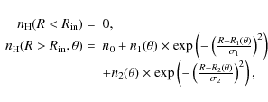 \begin{displaymath}\begin{array}{rl}
n_{\rm H}(R<R_{\rm in}) = & 0, \\
n_{\rm...
...t(\frac{R-R_2(\theta)}{\sigma_2}\right)^2\right),
\end{array}\end{displaymath}