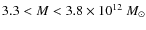 $3.3 < M < 3.8 \times 10^{12}~M_{\odot}$
