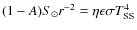 $(1-A)S_\odot r^{-2} = \eta \epsilon \sigma T_{\rm SS}^4$