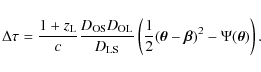 \begin{displaymath}%
\Delta\tau = \frac{1+z_{\rm L}}{c}\frac{D_{\rm OS}D_{\rm OL...
...1}{2} (\vec{\theta}-\vec{\beta})^2-\Psi(\vec{\theta})\right).
\end{displaymath}