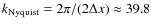 $k_{\rm Nyquist}=2\pi/(2\Delta x)\approx39.8$