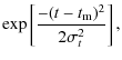 $\displaystyle \exp\left[\frac{-(t-t_{\rm m})^2}{2\sigma_t^2}\right],$
