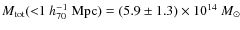 $M_{\rm tot} ({<}1~ h_{70}^{-1}~{\rm Mpc}) = (5.9\pm 1.3)\times
10^{14}~M_\odot$