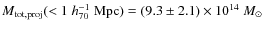 $M_{\rm tot, proj} (<1~ h_{70}^{-1}~{\rm Mpc}) = (9.3\pm 2.1)\times
10^{14}~M_\odot$