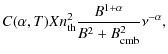 $\displaystyle C(\alpha, T) X n_{\rm th}^2
{{B^{1+\alpha} }\over{B^2 + B_{\rm cmb}^2}} \nu^{-\alpha} ,$
