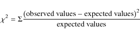 \begin{displaymath}\chi^{2} = \Sigma\frac{\left({{\rm observed~values - expected~values}}\right)^{2}} {\mbox{expected values}}
\end{displaymath}