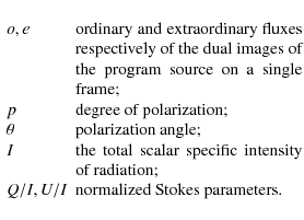 \begin{displaymath}\begin{array}{lp{0.8\linewidth}}
o, e & ordinary and extraor...
...ion;\\
Q/I, U/I & normalized Stokes parameters.
\end{array} \end{displaymath}
