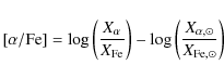 \begin{displaymath}[\alpha/{\rm Fe}]=\log \left(\frac{X_{\alpha}}{X_{\rm Fe}}\ri...
... -
\log \left(\frac{X_{\alpha,\odot}}{X_{\rm Fe,\odot}}\right)
\end{displaymath}
