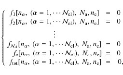 \begin{displaymath}\left \{ \begin{array}{ccc}
f_{1}[n_{\alpha},~(\alpha=1,\cdot...
...rm el}),~ N_{\rm a}, n_{\rm e}]& =&~~0 ,\\
\end{array}\right.
\end{displaymath}