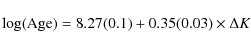 \begin{displaymath}\log({\rm Age})= 8.27(0.1)+0.35(0.03)\times\Delta K
\end{displaymath}