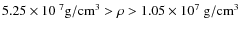 $ 5.25 \times 10^{~7} {\rm g/cm^3} > \rho > 1.05 \times 10^7~{\rm g/cm^3}$