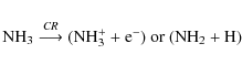 \begin{displaymath}
\textrm{NH}_3 \stackrel{CR}{\longrightarrow} (\textrm{NH}_3^+ + {\rm e}^-) \textrm{ or } (\textrm{NH}_2 + \textrm{H})\\
\end{displaymath}