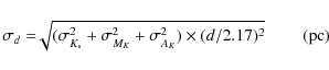 \begin{displaymath}\sigma_{d} =\sqrt[]{(\sigma_{K_{\rm s}}^2+\sigma_{M_{K}}^2+\sigma_{A_{K}}^2)\times(d/2.17)^2}~~~~~~~~~({\rm pc})\\
\end{displaymath}