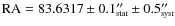 $\mbox{RA} = 83.6317 \pm 0.1''_{\mbox{\tiny {stat}}} \pm 0.5''_{\mbox{\tiny {syst}}}$