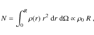 \begin{displaymath}
N = \int_0^R \rho(r) ~ r^2 ~ {\rm d}r ~ {\rm d}\Omega \propto \rho_0 ~ R ~,
\end{displaymath}