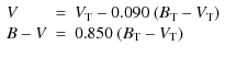 $\displaystyle \begin{array}{lcl}
V &=& V_{\rm T} -0.090\ (B_{\rm T}-V_{\rm T})\\
B-V &=& 0.850\ (B_{\rm T}-V_{\rm T})
\end{array}$