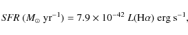 \begin{displaymath}{\it SFR}~ ({M}_{\odot}~{\rm yr}^{-1}) = 7.9 \times 10^{-42}\ L({\rm H}\alpha)~ {\rm erg}~
{\rm s}^{-1},\end{displaymath}