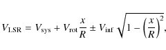 \begin{displaymath}V_{\rm LSR} = V_{\rm sys} + V_{\rm rot} \frac{x}{R} \pm
V_{\rm inf}\sqrt{1-\left(\frac{x}{R}\right)^2},
\end{displaymath}