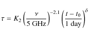 \begin{displaymath}%
\tau = K_2 \left( \frac{\nu}{5~{\rm GHz}} \right)^{-2.1}
\left( \frac{t-t_0}{1~{\rm day}} \right)^{\delta}
\end{displaymath}